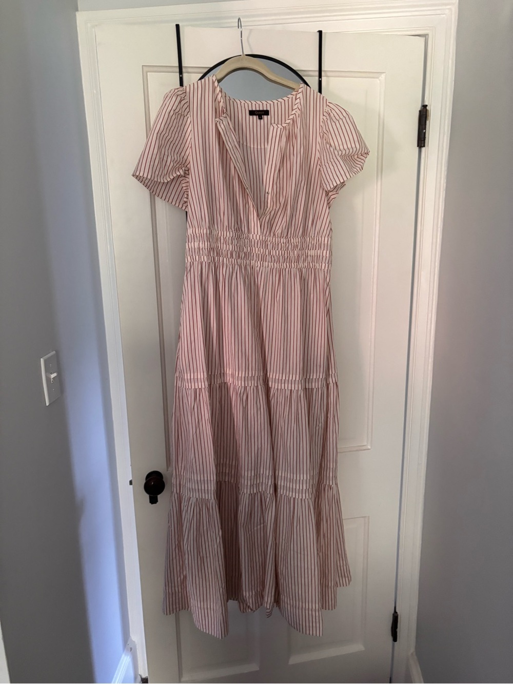 Quince 100% Organic Cotton Poplin Tiered Maxi Dress - Terracotta Stripe M - Picture 2 of 3